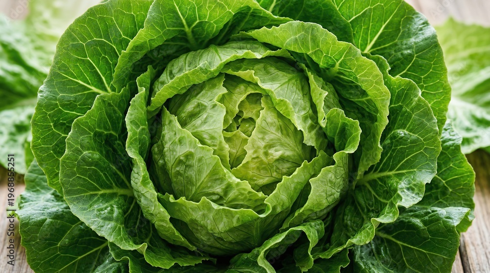 Obraz premium Fresh organic green cabbage head with dew drops in morning garden sunlight
