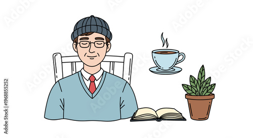 This peaceful hand-drawn illustration features a man with glasses, a steaming cup of coffee, a potted plant, and an open book.