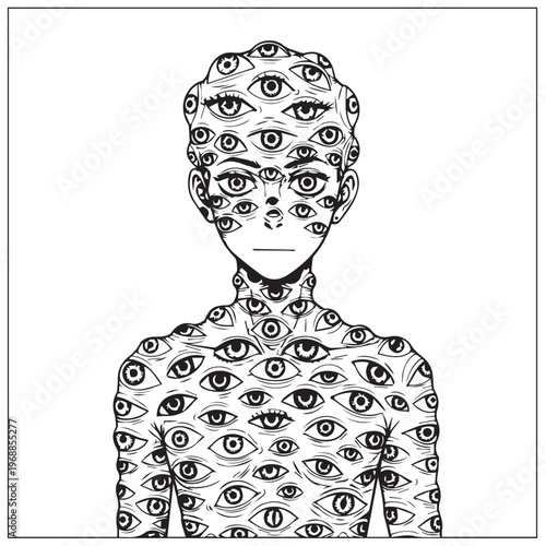 Vector illustration, human figure covered in eyes, surreal body art, black and white line drawing, conceptual design element
