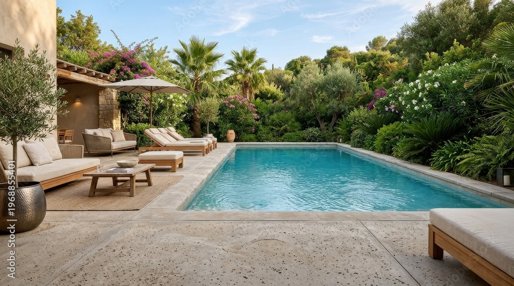 Fototapeta premium Well-designed terrace with textured concrete tiles and a peaceful blue pool amid natural foliage, refined outdoor lounge atmosphere, summer light, tranquil garden backdrop, photorealistic luxury