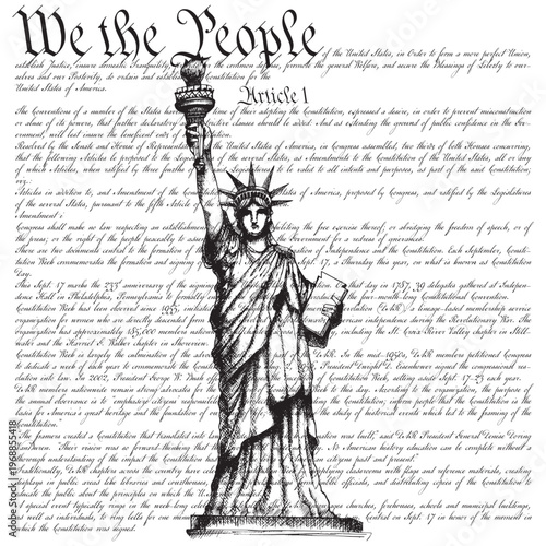 Statue of Liberty with US Constitution background and "We the People" text.