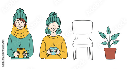 Two women warmly dressed in winter hats and scarves hold steaming cups, accompanied by a simple chair and a potted plant illustration.