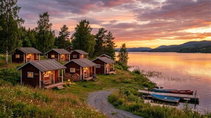 Red camping cabins for travelers in Sweden at sunset, wooden huts glowing in warm Nordic light near grass, water and open landscape, peaceful Scandinavian holiday atmosphere, photorealistic travel