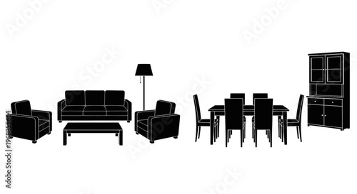 Black silhouette illustration of a living and dining room furniture set