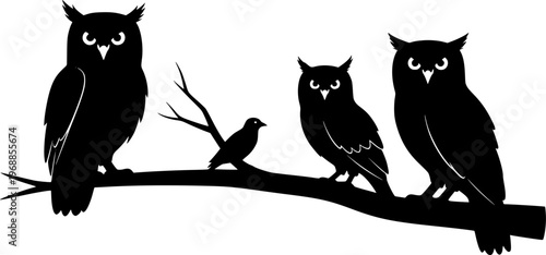 vector silhouette of owls and bird