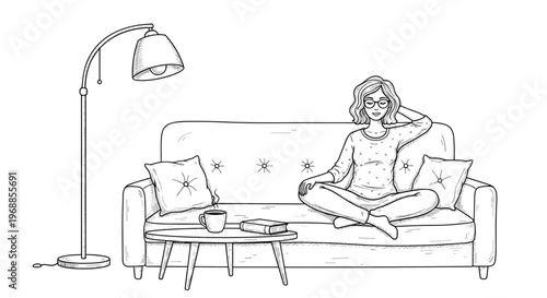 A relaxed woman sits comfortably cross-legged on a sofa with her laptop, enjoying a moment of leisure by a floor lamp.