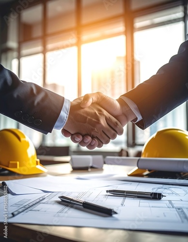 Close-up of two people in business suits shaking hands over blueprints, pens, and construction hats near a bright window