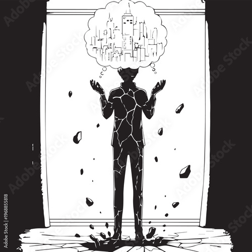 Cracked man, shattered mind, cityscape thought bubble, black and white vector