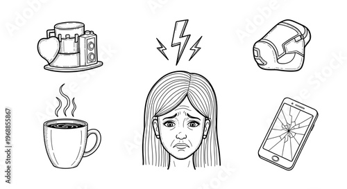 This expressive line art illustration shows a distressed woman with lightning bolts, surrounded by a broken phone, money, coffee, and tissues.