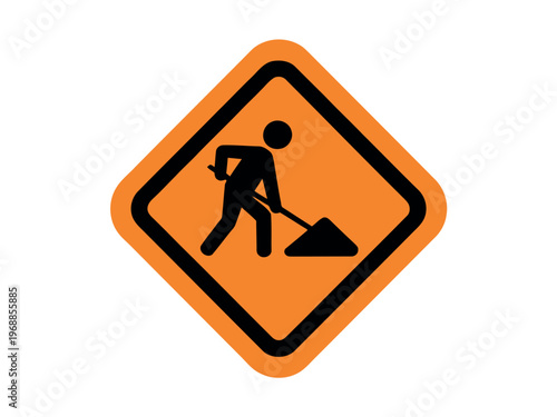 A construction sign featuring a worker with a shovel on a roadwork site.