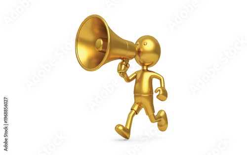 Golden cartoon character running with a megaphone in hand making an announcement loudly to the audience