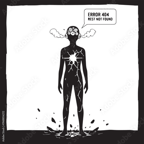 Error 404, broken robot, cracked human, glitchy figure, futuristic illustration