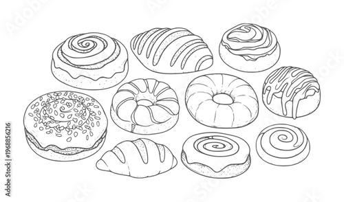 Hand drawn assortment of baked goods including cinnamon rolls donuts and croissants