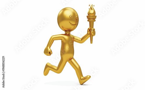 Golden cartoon character running with a torch in hand smiling  gold shiny humanoid figure holding flame  3d illustration