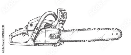 Hand drawn of a gasoline powered chainsaw white tool equipment cutting