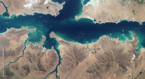 Aerial view of the strategic Strait of Hormuz coastline, Iran