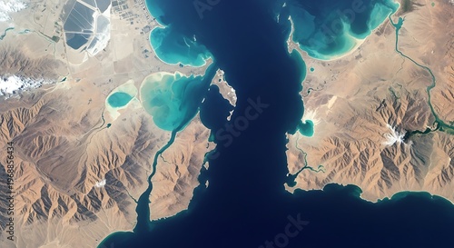 Aerial view of the strategic Strait of Hormuz coastline, Iran