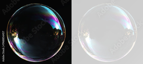 Realistic transparent soap bubble with rainbow iridescent reflections for creative editing