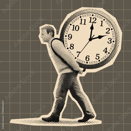 Man Carrying Giant Clock Vintage Halftone Illustration, Time Management Design