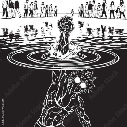 Revolutionary protest, raised fist emerging from water, social movement, activism, black and white vector illustration