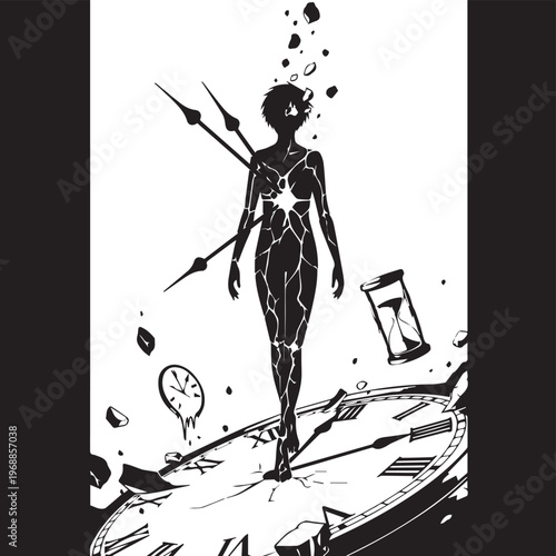Futuristic human figure, clock fragments, abstract illustration, black and white vector
