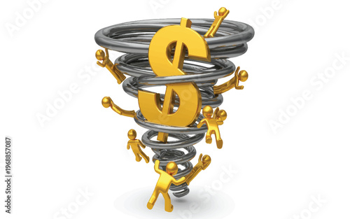 Golden dollar sign trapped in a metal coil with golden stick figures trying to free it  concept of financial struggle and economic crisis
