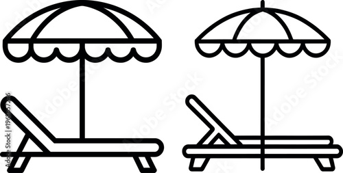 Two beach loungers paired with matching umbrellas for relaxation by the shore