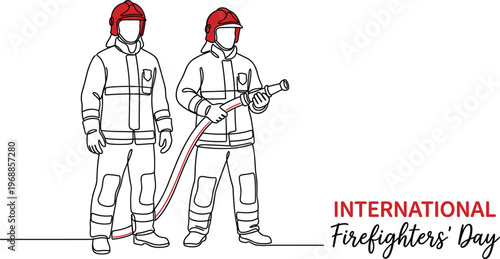 International Firefighters Day Greeting Featuring Two Brave Firemen Holding Water Hose In Minimalist Red Line Art Style
