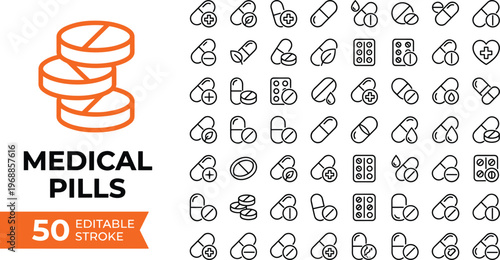 Large Collection of Professional Medical Pill and Capsule Vector Icons Featuring Editable Outlines for Pharmaceutical Healthcare Graphic Design