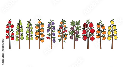 A cheerful assortment of colorful fruit trees with ripe produce, including apples, pears, plums, cherries, and apricots, depicted in a charming hand-drawn style.