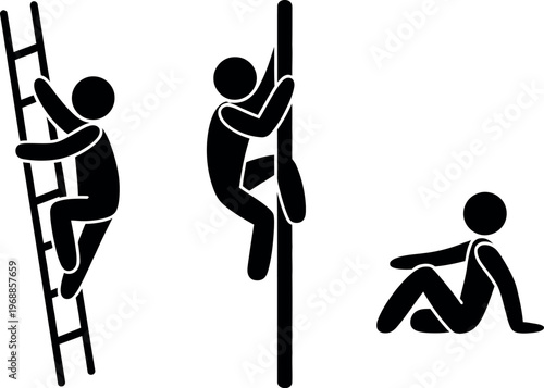 Different methods of climbing and reaching high places illustrated with stick figures