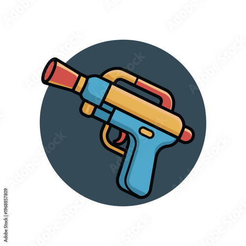A colorful cartoon water gun with a scope on a dark gray background