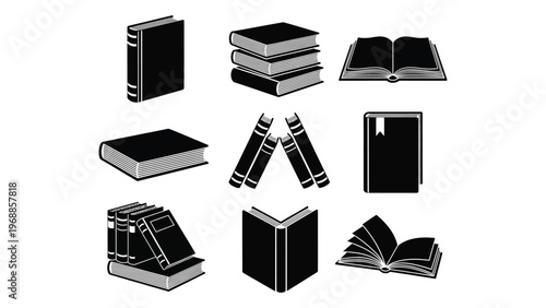 Collection of black book silhouettes in various orientations and states