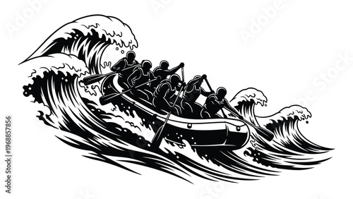 A black and white illustration depicts a crew rowing a boat through turbulent waves
