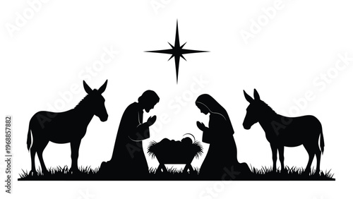 Silhouette of the nativity scene featuring mary joseph baby jesus and animals