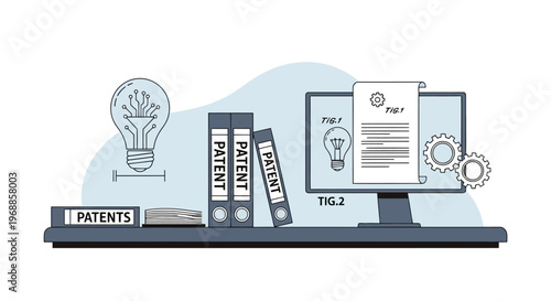 Intellectual property and innovation concept with patent documents and light bulb.