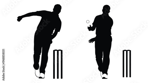 Silhouette of a cricketer in bowling action with stumps and ball