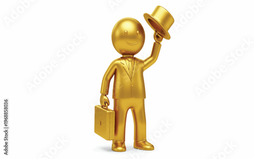 Golden human figure in suit holding briefcase and tipping hat in greeting gesture smiling  business concept with shiny metallic character