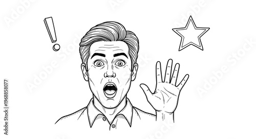 A hand-drawn illustration shows a surprised man with wide eyes, open mouth, raised hand, an exclamation mark, and a star icon.