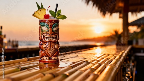 A colorful tiki cocktail sits on a bamboo bar with a stunning sunset backdrop. Waves gently crash on the shore as vibrant hues fill the sky, enhancing the tropical atmosphere.