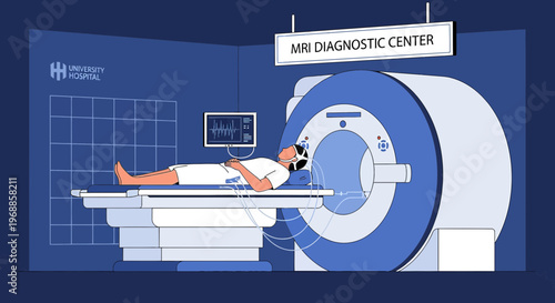 Patient undergoing MRI scan in modern diagnostic center with university hospital logo