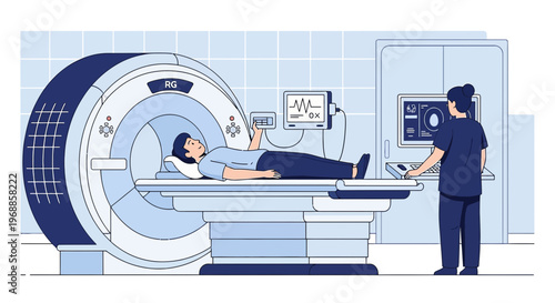 Patient undergoing MRI scan in modern medical clinic with technician operating machine