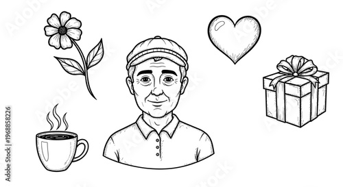 This hand-drawn illustration shows a smiling older man surrounded by a flower, a heart, a gift, and a steaming coffee cup.