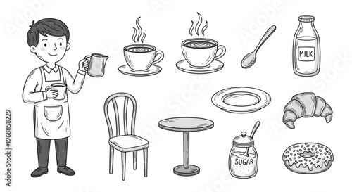 This hand-drawn illustration shows a friendly barista holding coffee cups, surrounded by various cafe items and breakfast pastries.
