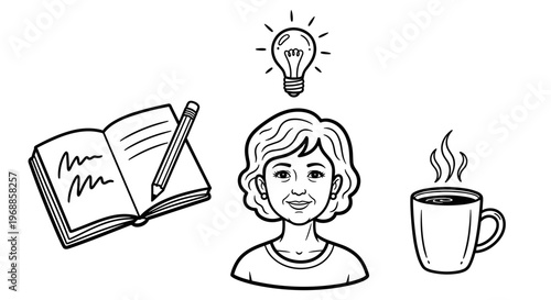 A thoughtful older woman smiles, surrounded by an open book, a glowing lightbulb, and a steaming coffee cup, symbolizing wisdom.