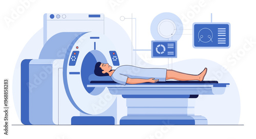 Patient undergoing MRI scan in modern medical diagnostic equipment, healthcare technology concept