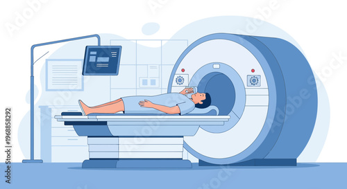 Patient undergoing MRI scan in modern medical diagnostic imaging room