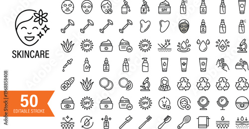 Large Icon Set Of Fifty Skincare And Personal Care Symbols Featuring Face Rollers Gua Sha And Natural Beauty Products