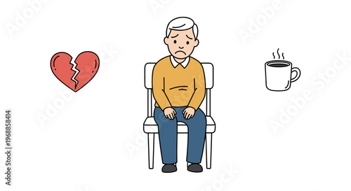 A sad, disheartened man sitting slumped on a chair, flanked by a broken heart and a warm cup of coffee, depicting grief and solace.