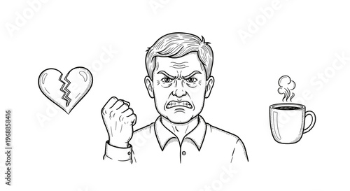 An angry man with a scowling face and clenched fist, beside a broken heart and a steaming coffee cup, illustrating heartbreak and intense frustration.